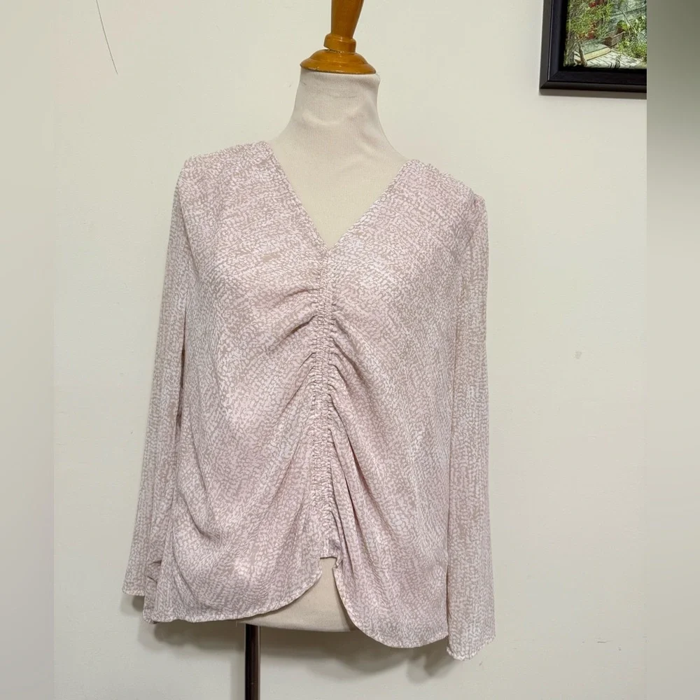 Calvin Klein NWT Blouse Ruched V-Neck Top Pink Light Tan Print Lined Size L - Picture 4 of 15